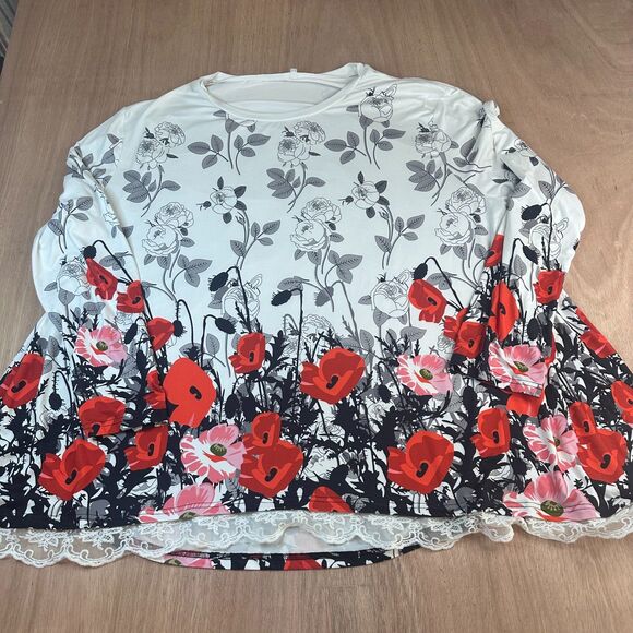 Women’s Plus 4X Floral Tunic Top Red Poppy Print Lace Hem Boho Blouse - Picture 1 of 5